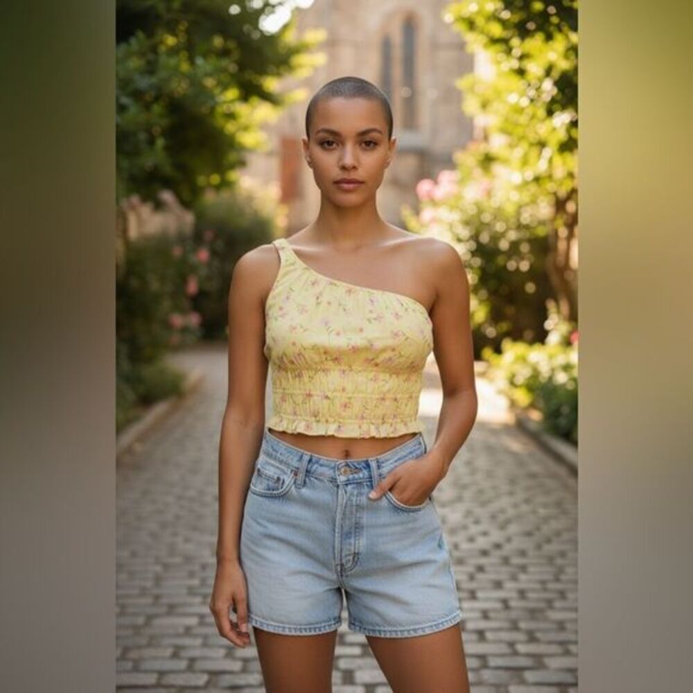 NWT Women’s Plus Size Yellow Floral  One-Shoulder Crop Tank Top - Size 3XL